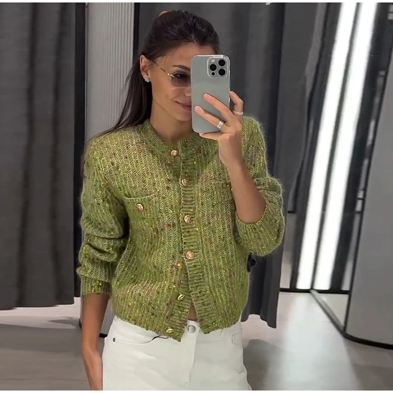 Chic Speckled Knit Cardigan Round Neck Shoulder Pads Long Sleeve Single Breasted Patch Pockets Daily Women Top 2026 Autumn Tops