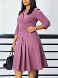 Women Elegant Office Midi Dress Plus Size V‑Neck 3/4 Sleeve Belted A‑Line Dress Formal Work Business Party Dresses
