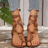 Rome Women Shoes 2026 Summer Hot Sale Women's Sandals Retro Ankle Buckle Rivet Flat Sandals British Style Plus Size Lady Shoes