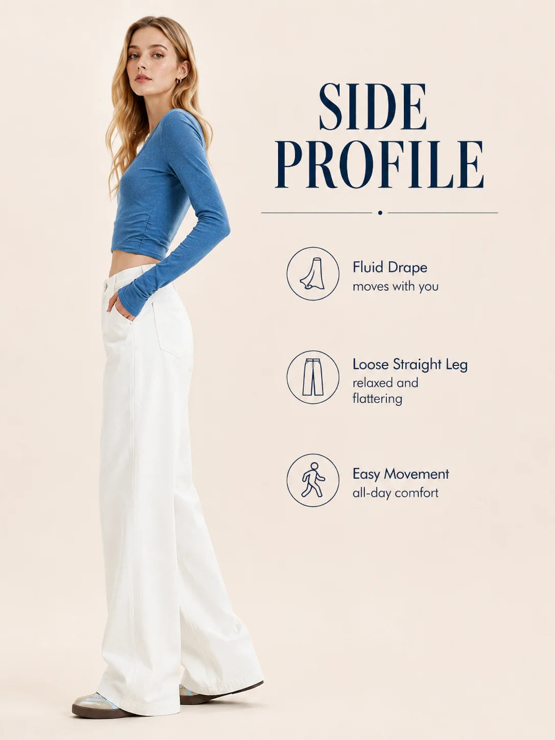 Women's White Wide Leg Jeans, High Waist Loose Baggy Denim Pants Casual Solid Color Full Length Palazzo Trousers with Pockets for Daily Street Shopping