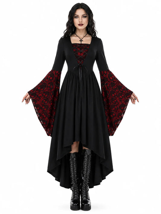 Women Gothic Medieval Dress Skull Lace Bell Long Sleeve Lace Up Front High Low Midi Dress Vintage Renaissance Witch Costume Halloween Cosplay Party Dress