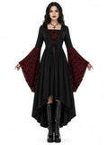 Women Gothic Medieval Dress Skull Lace Bell Long Sleeve Lace Up Front High Low Midi Dress Vintage Renaissance Witch Costume Halloween Cosplay Party Dress