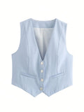 HH Women Casual V-Neck Sleeveless Waistcoat Elegant Fashion Solid Single-breasted Short Vest Chic Tops Female Summer Outerwear