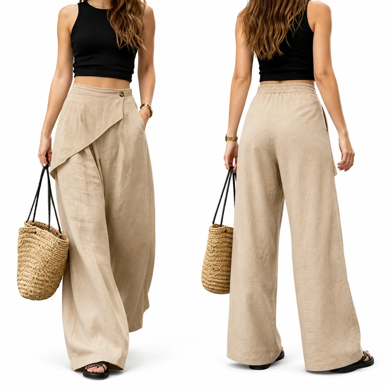Women Wrap Front Linen Wide Leg Pants, High Waist Elastic Back Waist Culottes with Pockets, Casual Loose Fit Trousers for Summer Beach Daily Streetwear