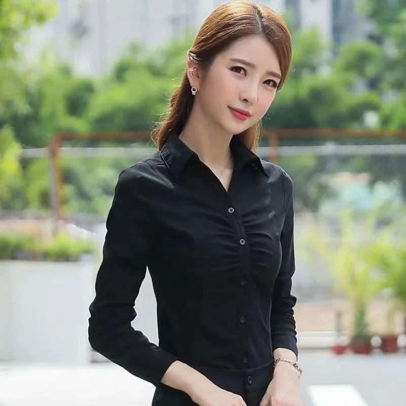 Fashion Turn-Down Collar Folds Shirts Women Autumn Slim Fit Solid White Inner Wear Button Chic Design Versatile Long Sleeve Tops