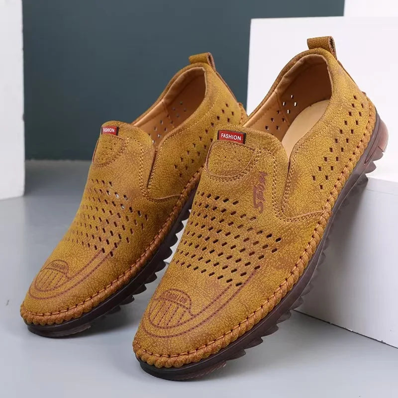 Men's Genuine Leather Sandals Men Summer Hollow Breathable Leather Shoes Mens Casual Soft Comfortable Flats EU Sizes 38-48