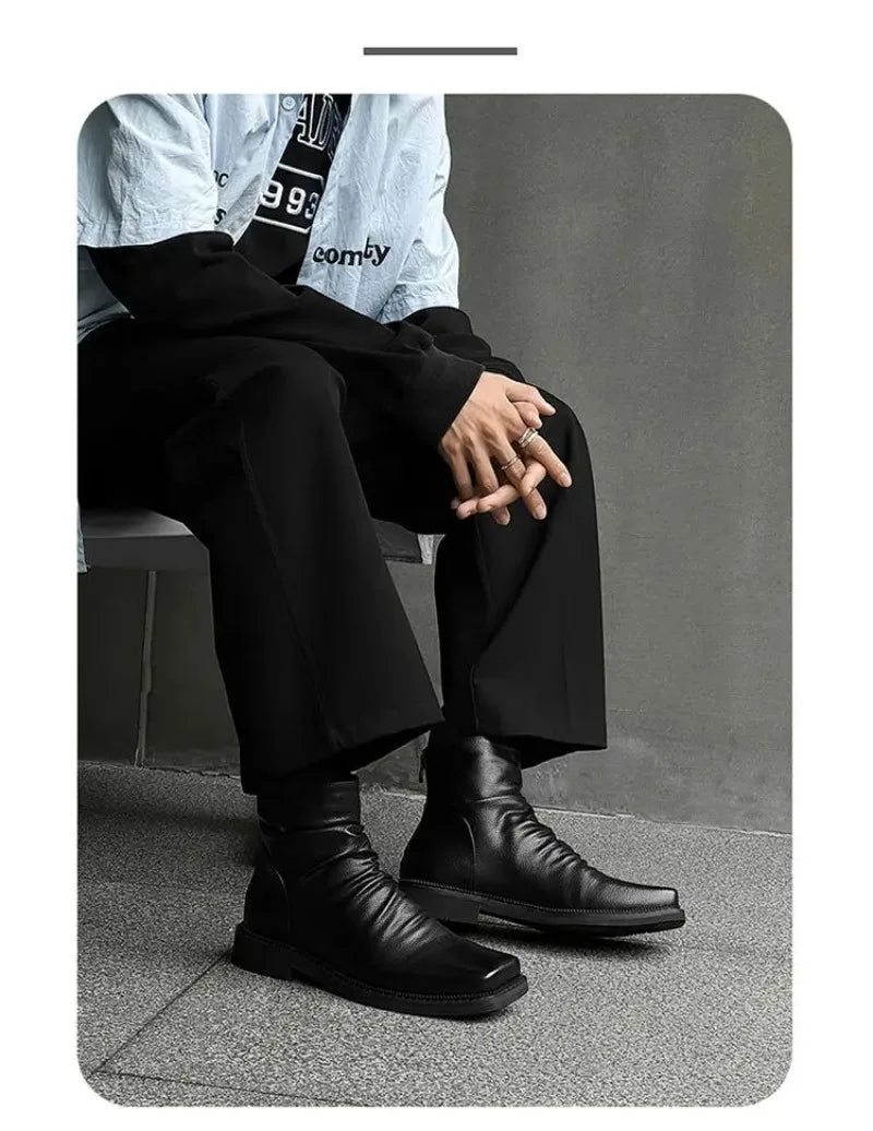 Hot-Selling Leather Boots for Men Fad Square Toe Drape Casual Chelsea Boot British High-end Cool High Top Men Boots Botas Hombre