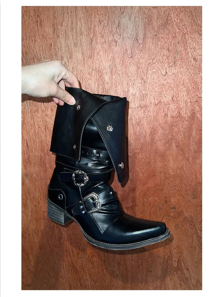 Woman Black Punk Knee High Platform Low Heel Trend Punk Gothic New Rock Leather Fashion Women Chunky Knight Motorcycle Footwear