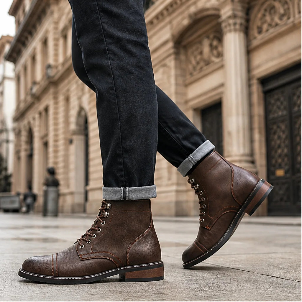 CAPTAIN ANKLE BOOTS Men's Vintage Combat Boots Lace-Up Cap Toe Ankle BOOTS