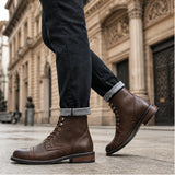 CAPTAIN ANKLE BOOTS Men's Vintage Combat Boots Lace-Up Cap Toe Ankle BOOTS