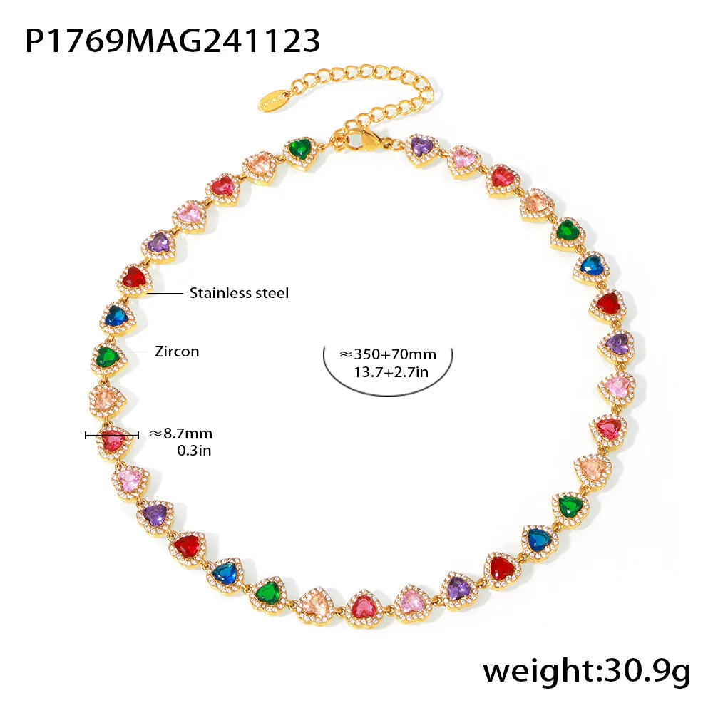 Colorful Zircon Necklace Heart Chain Bracelet Set Women's 316L Stainless Steel Gold-Plated Luxury Wedding Jewelry Accessories