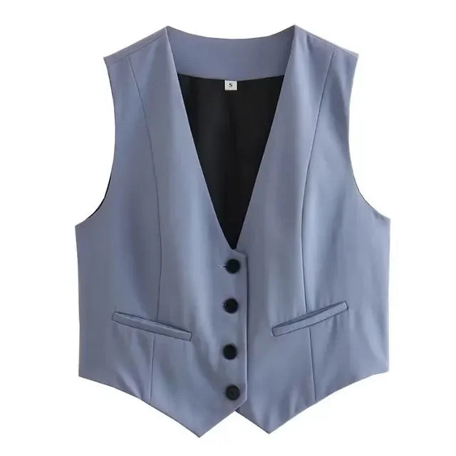 HH Women Casual V-Neck Sleeveless Waistcoat Elegant Fashion Solid Single-breasted Short Vest Chic Tops Female Summer Outerwear