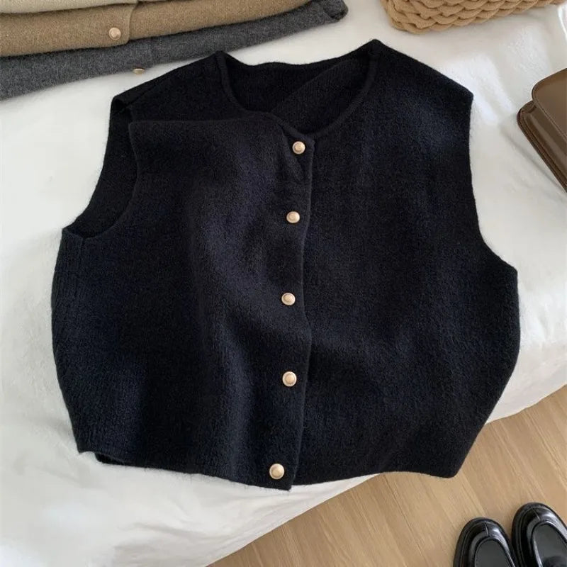 Crew Neck Women's Korean Solid Button Short Sleeve Cardigan Coats Sweater Knitted Sleeveless Ladies Elegant Tanks Bottoming
