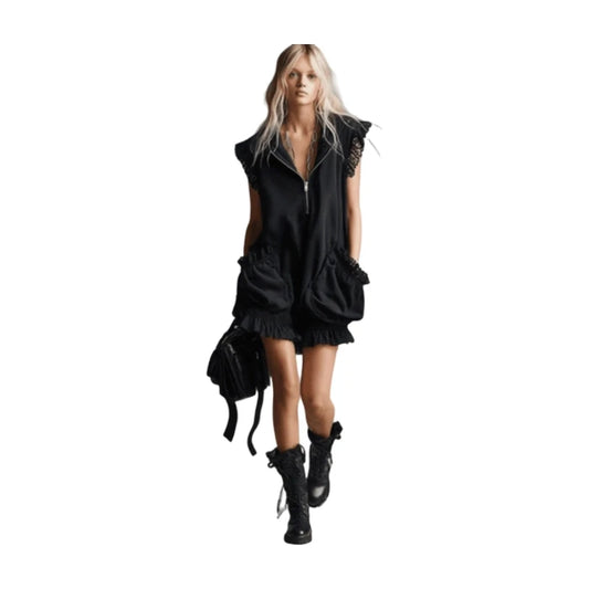 Stand Collar Half Zip Sleeveless Loose Mini Dress Lace Trim Pocket Ruffle Hem Dress For Women Street Punk Daily Trendy Outfit