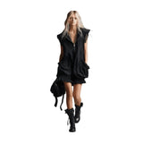 Stand Collar Half Zip Sleeveless Loose Mini Dress Lace Trim Pocket Ruffle Hem Dress For Women Street Punk Daily Trendy Outfit