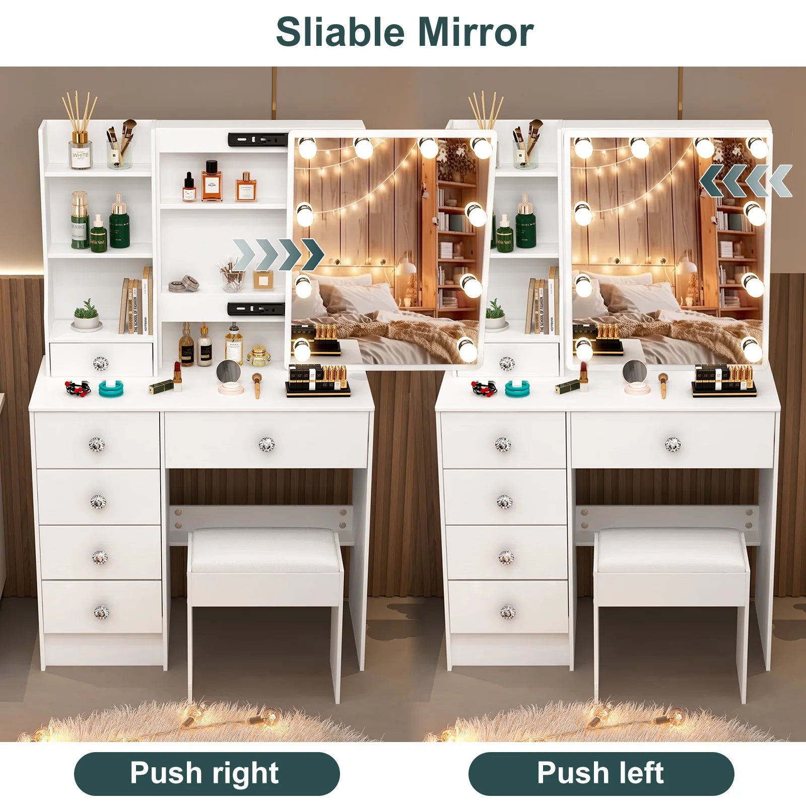 Teousev White LED Makeup Vanity Set with Sliding Mirror, 3-Color Dimmable Lights, 6 Drawers & Stool, Modern Dressing Table