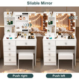 Teousev White LED Makeup Vanity Set with Sliding Mirror, 3-Color Dimmable Lights, 6 Drawers & Stool, Modern Dressing Table