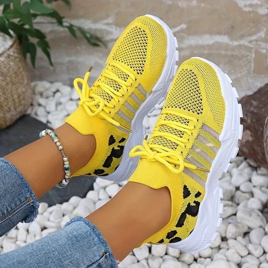 Women Leopard Print Mesh Chunky Platform Sneakers Thick Sole Lace Up Casual Shoes Breathable Non Slip Walking Trainers Multicolor Fashion All Match Daily Outdoor Sports Footwear For Ladies All Seasons Daily Wear