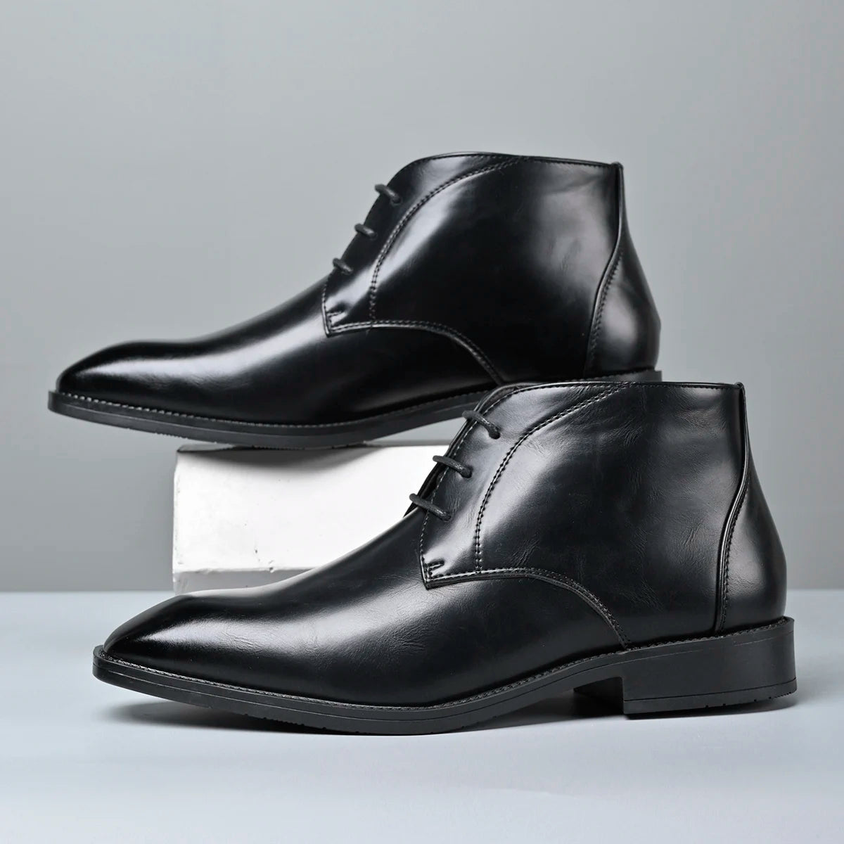 Men's Pointed Toe Ankle Boots Lace‑Up Leather Business Formal Dress Shoes Male High Top Footwear Man Chelsea Boots Comfy Botas