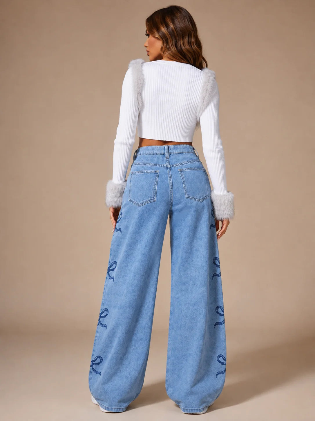 Y2K Bow Embroidery Wide Leg Jeans for Women, High Rise Vintage Light Wash Baggy Denim Trousers Trendy Casual Streetwear Daily Pants
