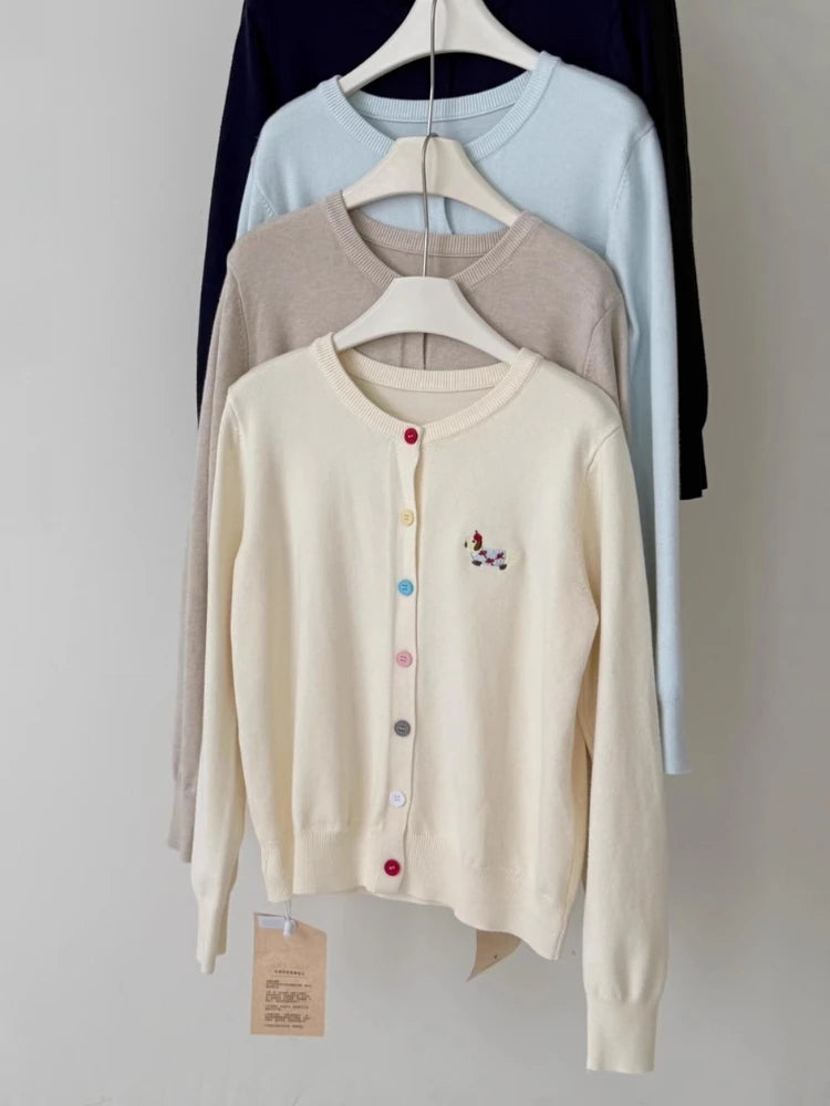 Autumn Winter 2026 Soft Elegant O-neck Loose Casual Sweaters Women Knitted Chic Embroidery Cardigan Basic Colorful Buttons Tops