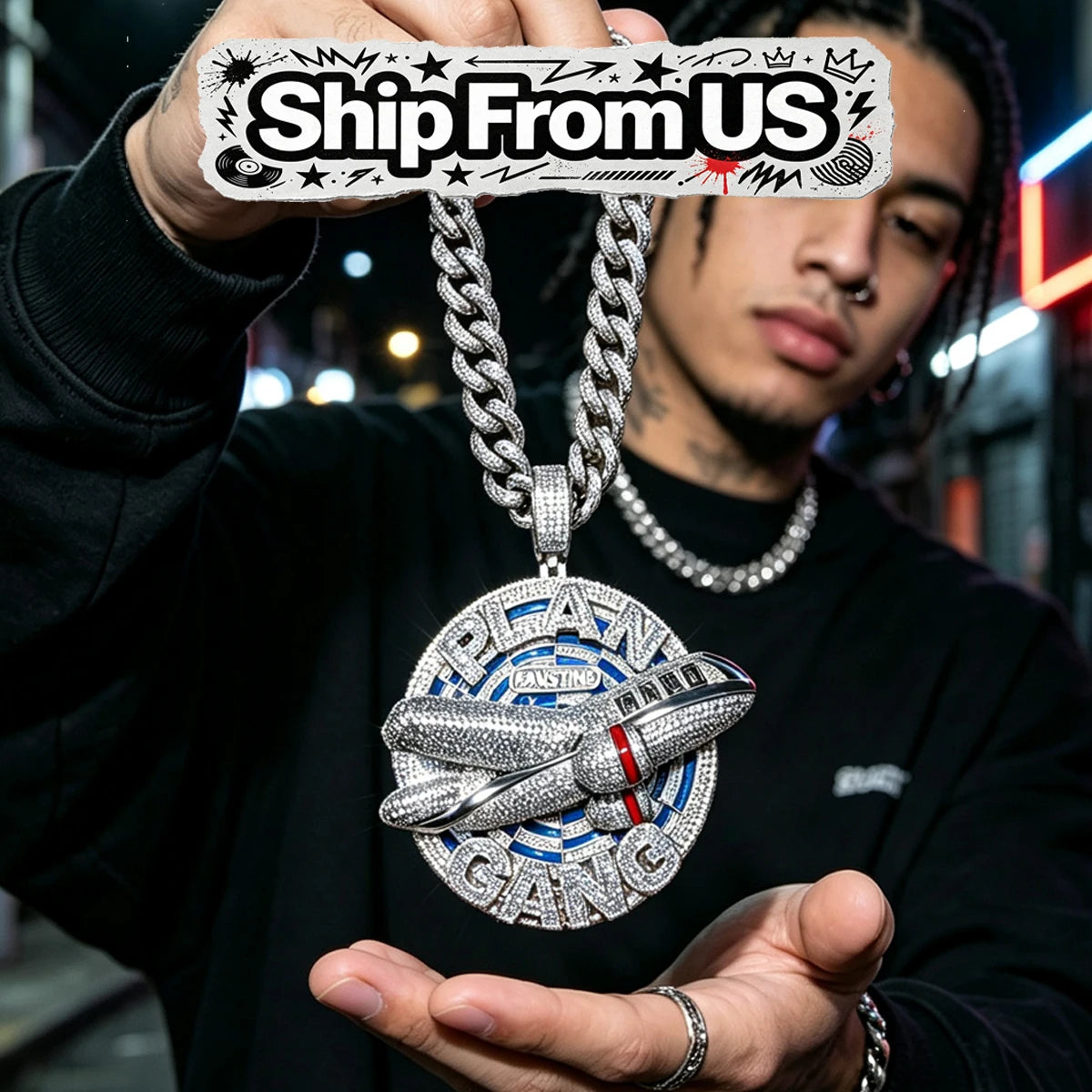 3D Hip Hop Necklace Charm Party Fine Gift Ambition Dream And Brotherhood Within Rap Lifestyle And Daily Wear Occasions Street Rap Jewelry For Men 3D Cross‑Plane Cuban Chain Accessory 18K Gold Plated Iced Out Plan Gang Penda