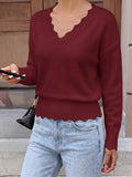Lightweight Knit Sweaters Top For Women Daily Wear Scallop Edges V Neck Pullover Tops Autumn And Winter Long Sleeved