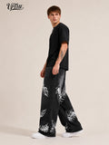 UP.THE Men Black Faded Baggy Wide Leg Jeans, Y2K Oversized Loose White Centipede Skeleton Print Denim Pants, Gothic Grunge Streetwear Trousers for Daily Outfits