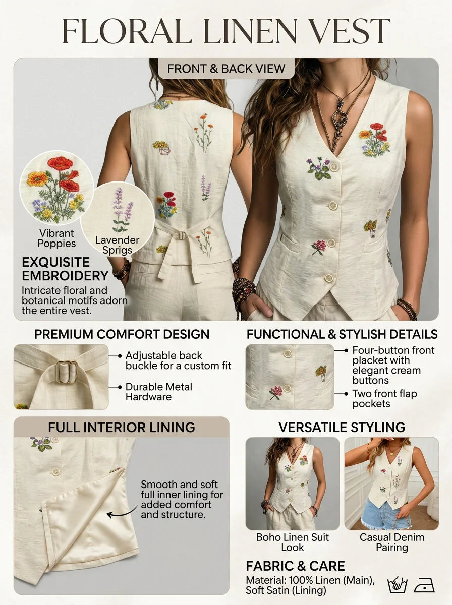 Spring Summer Autumn Linen Gilet with Unique Random Embroidery, Elegant Versatile Commuter Outer‑wear Vest