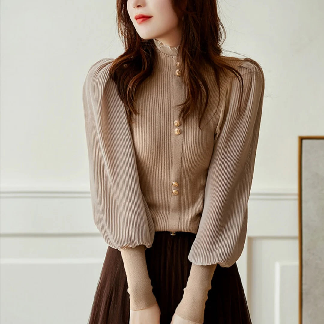 Elegance Half Turtleneck Long Sleeve Knitted Korean Sweaters Single Breasted Vintage Japanese Sweet Sweater Patchwork Blouses