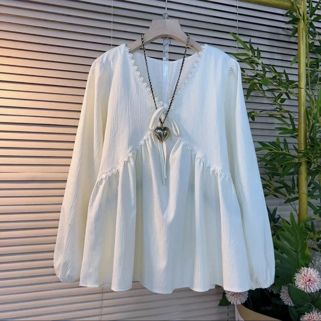 Plus Size Women Clothing Spring Autumn New V-Neck Long Sleeved Shirt&Blouses Solid OL Casual Business Top To Cover The Stomach