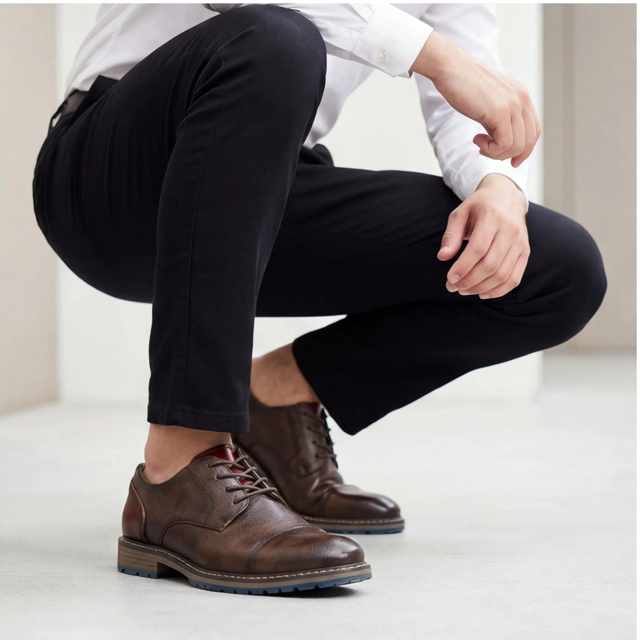 Men's Casual Leather Shoes Cap Toe Derby Lace-up Business Formal Dress Shoes Retro British Style Office Wedding Footwear