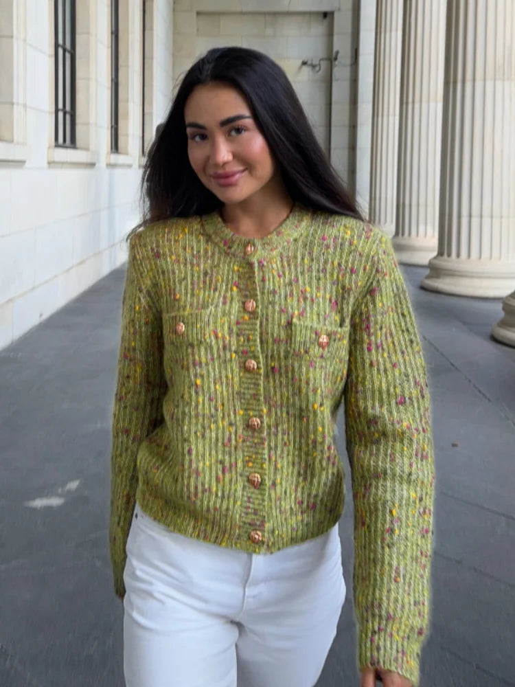 Chic Speckled Knit Cardigan Round Neck Shoulder Pads Long Sleeve Single Breasted Patch Pockets Daily Women Top 2026 Autumn Tops