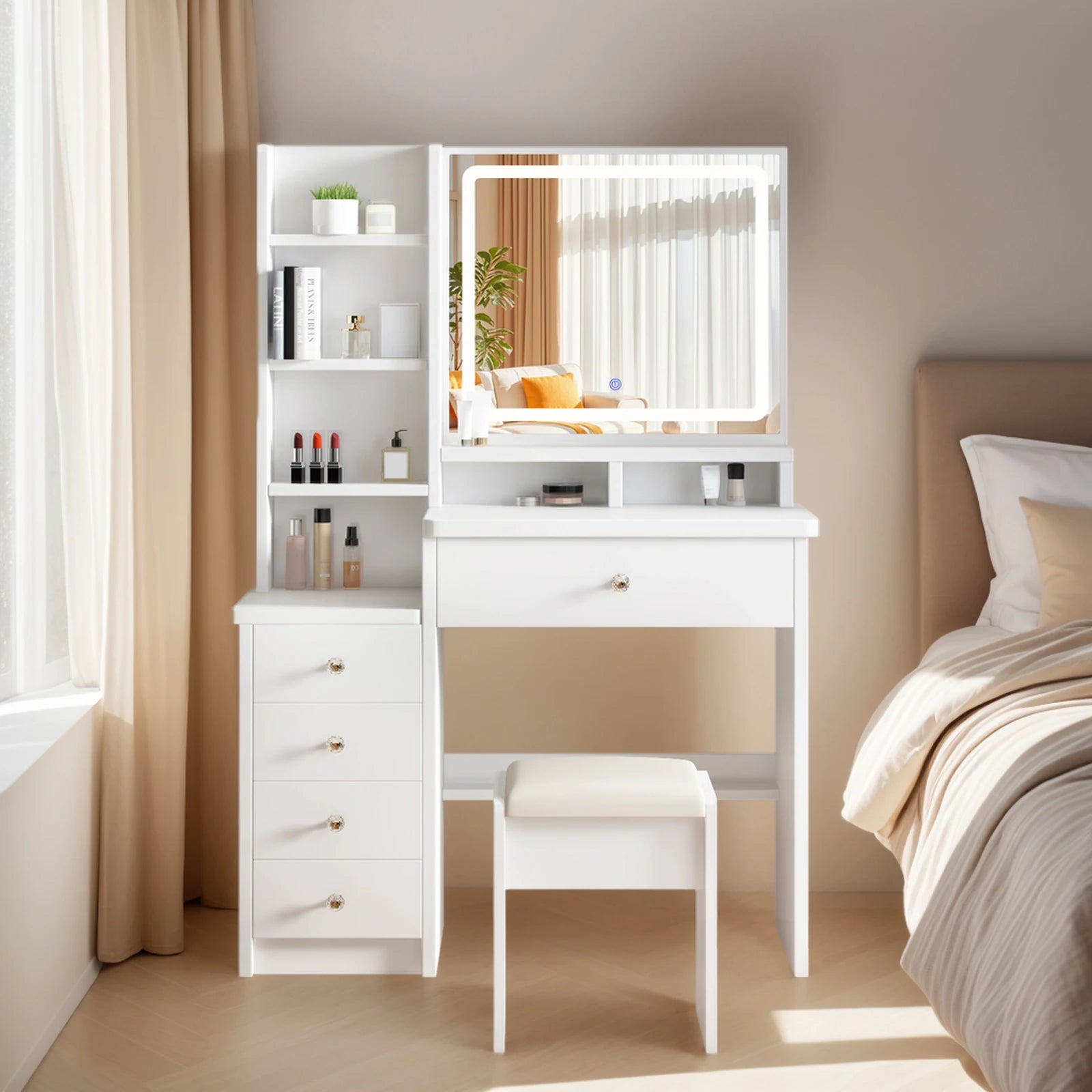 Vanity Desk Makeup Vanity Desk with Mirror and Lights, Makeup Vanity Set with Drawers, Stool and Open Shelves, 3 Color Lighting Modes Brightness Adjustable Dressing Table for Bedroom