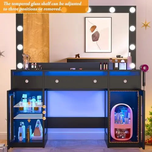 Vanity Desk W/6000-Colors Light&Power Outlet,Makeup Vanity Desk W/LED Mirror and Lights 3 Colors,Transparent GlassTop