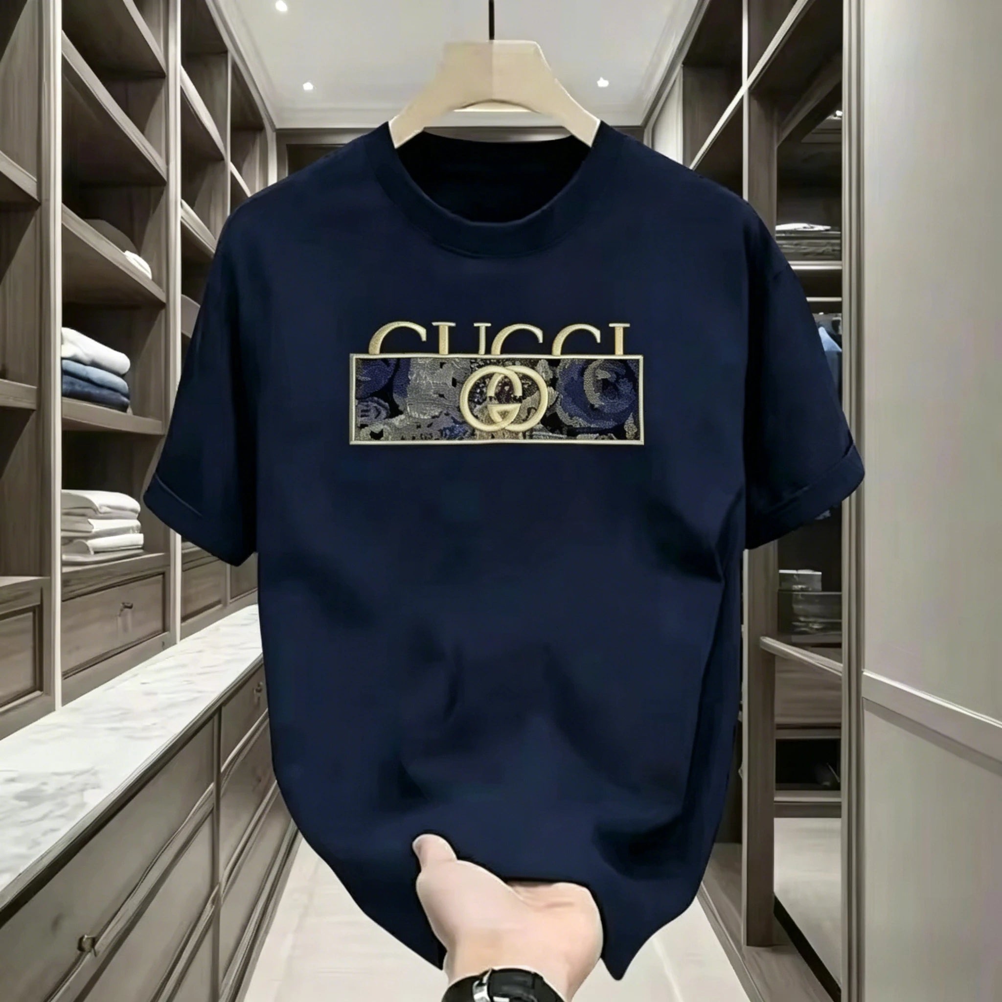 Men's Luxury Style T-Shirt Casual Cotton Short Sleeve Crew Neck Navy Blue Fashion Streetwear Tee for Daily Wear Print Pattern