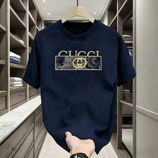 Men's Luxury Style T-Shirt Casual Cotton Short Sleeve Crew Neck Navy Blue Fashion Streetwear Tee for Daily Wear Print Pattern