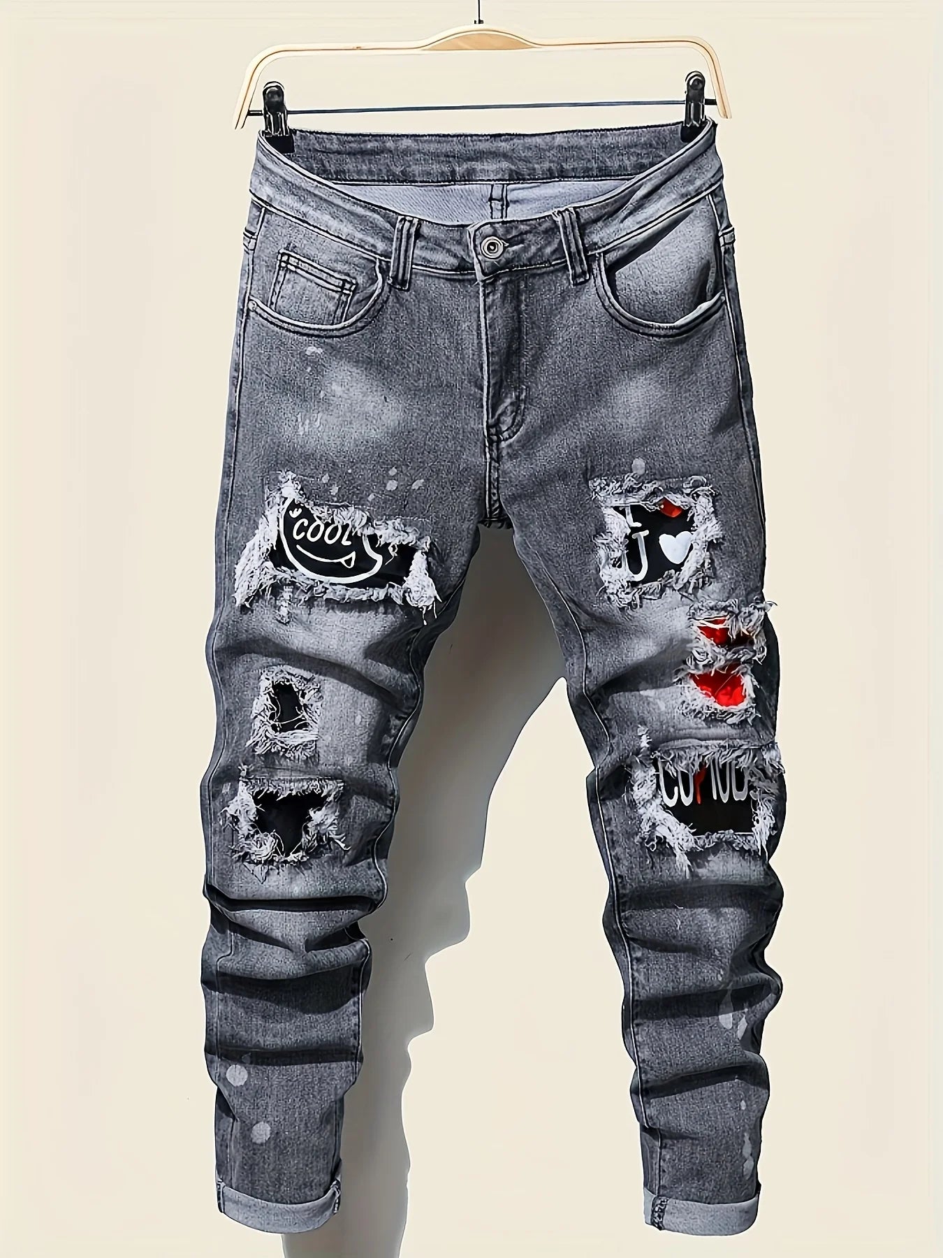 Men's jeans with splatter graffiti, ripped patches, distressed wash, slim fit, slimming, versatile casual long pants
