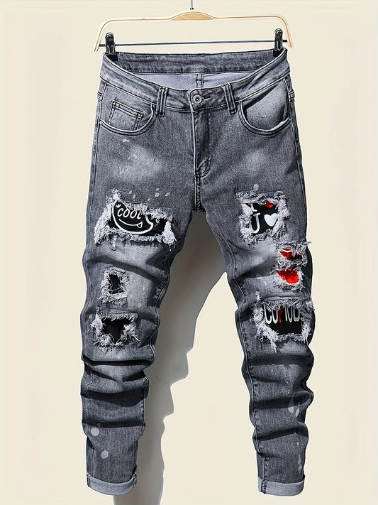 Men's jeans with splatter graffiti, ripped patches, distressed wash, slim fit, slimming, versatile casual long pants