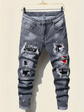 Men's jeans with splatter graffiti, ripped patches, distressed wash, slim fit, slimming, versatile casual long pants