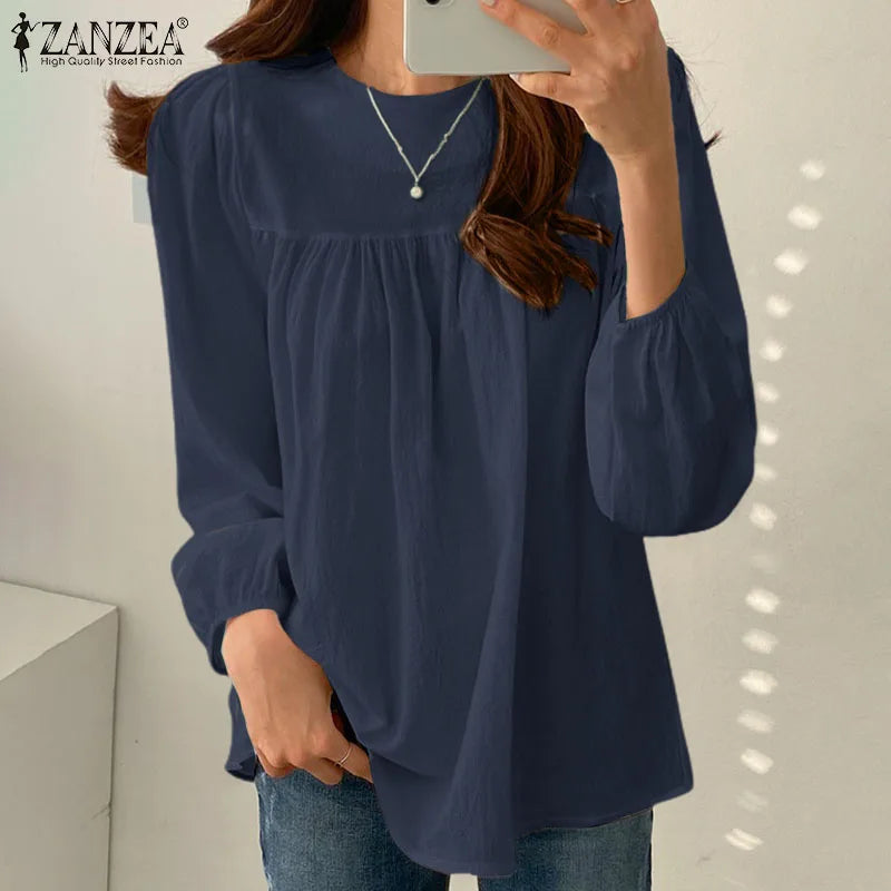 ZANZEA Elegant Solid Blouse Women Long Sleeve O Neck OL Work Shirt Spring Autumn Fashion Tunic Tops Blusas Female Loose Chemise