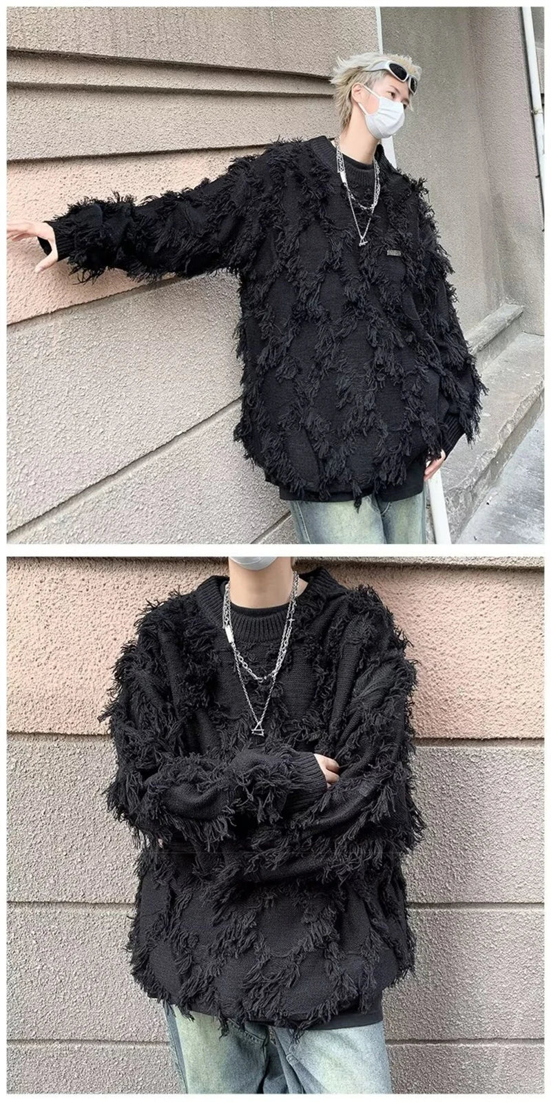 Winter Ripped Fringe Raw Edge Sweater For Men Hip Hop Fashion Knitted Pullovers Y2K Vintage Streetwear Knitwear Jersey Clothes