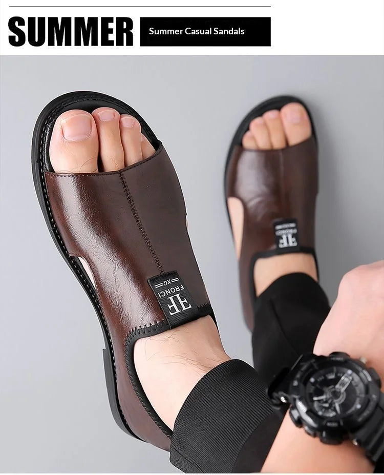 New Style Perforated, Breathable and Anti-Slip Outerwear Casual Leather Slip-On Sandals for Men Size 48 Large Size