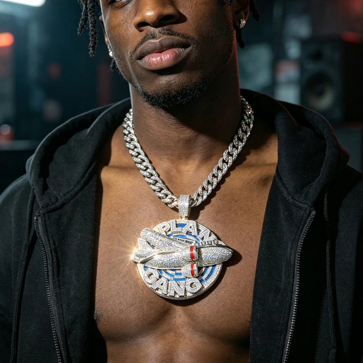 3D Hip Hop Necklace Charm Party Fine Gift Ambition Dream And Brotherhood Within Rap Lifestyle And Daily Wear Occasions Street Rap Jewelry For Men 3D Cross‑Plane Cuban Chain Accessory 18K Gold Plated Iced Out Plan Gang Penda