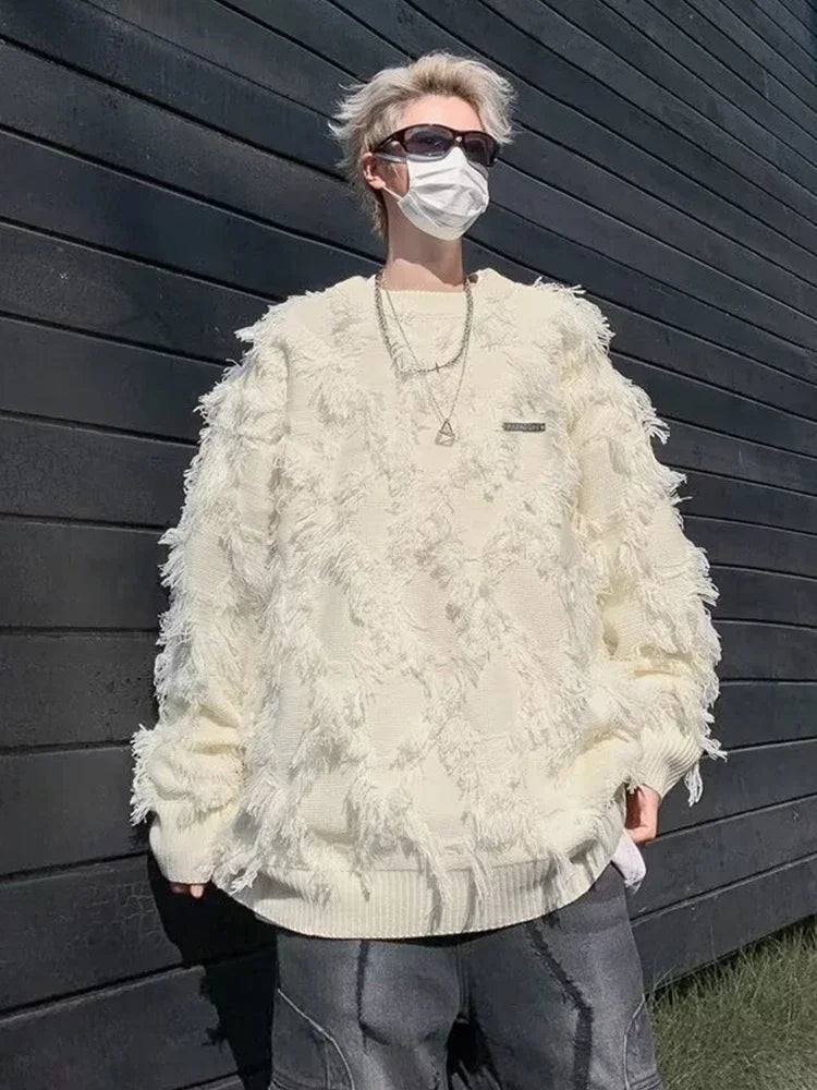 Winter Ripped Fringe Raw Edge Sweater For Men Hip Hop Fashion Knitted Pullovers Y2K Vintage Streetwear Knitwear Jersey Clothes