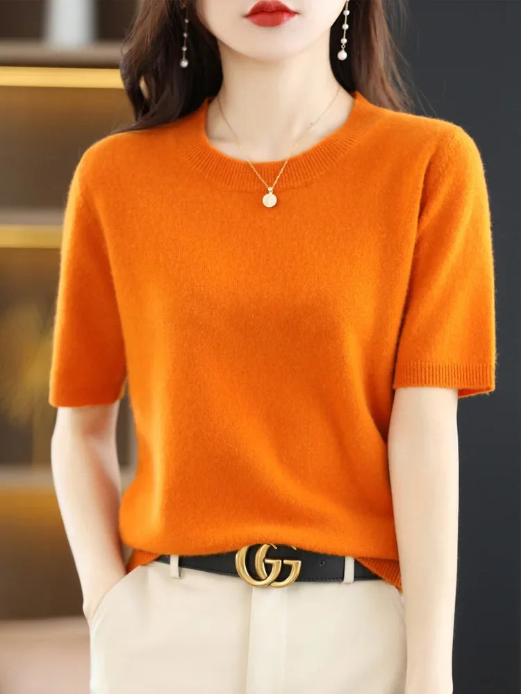 Spring Autumn Women Sweaters Short Sleeves O-neck Bottoming Shirts Knitwear 2026 Summer Knit Tops Pullovers Korean Jumpers