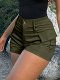 Women Cargo Shorts High Waist Button Zipper Fly Multi Pockets Elastic Back Waist Casual Summer Outdoor Hiking Short Pants Streetwear
