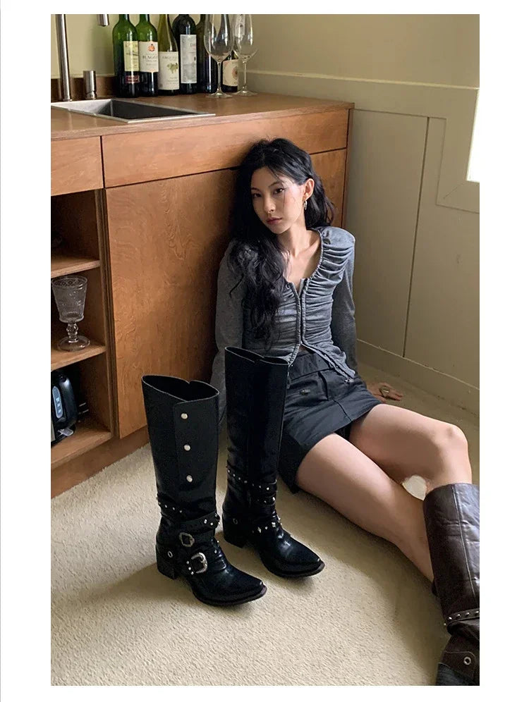 Woman Black Punk Knee High Platform Low Heel Trend Punk Gothic New Rock Leather Fashion Women Chunky Knight Motorcycle Footwear