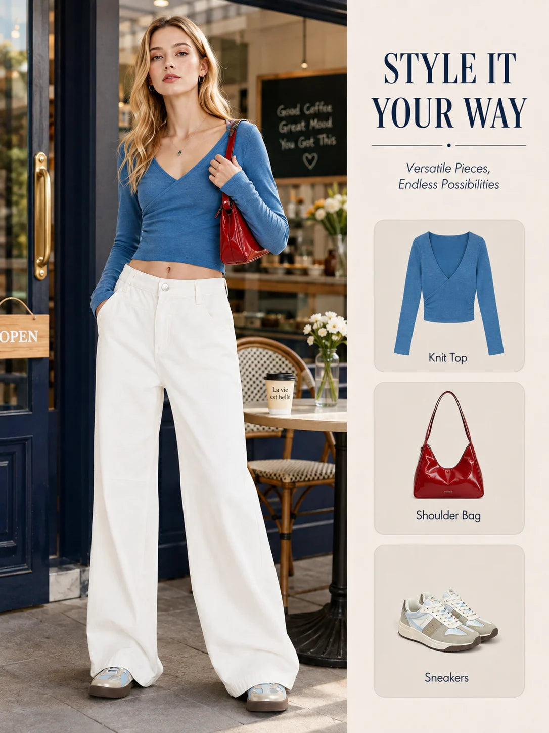 Women's White Wide Leg Jeans, High Waist Loose Baggy Denim Pants Casual Solid Color Full Length Palazzo Trousers with Pockets for Daily Street Shopping