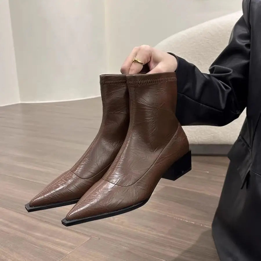 Pointed Toe Women Slim Ankle Boots Fashion Square Low Heel Ladies Elegant Back Zippers Short Booties Women's Footwear